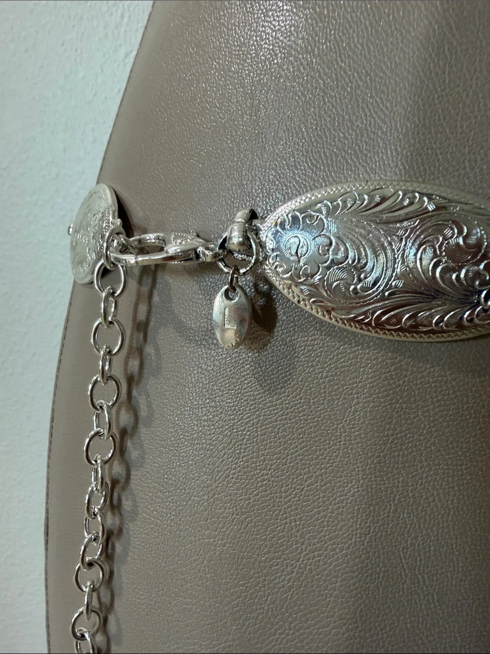 Silver Tone Oval Engraved Concho Chain Belt - Women's Jewelry
